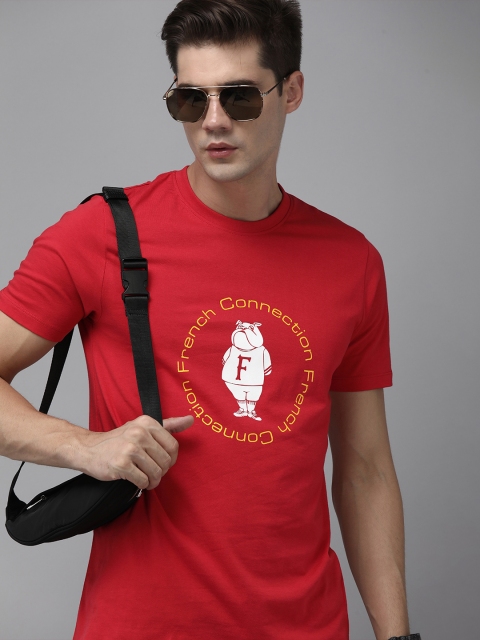 

French Connection Men Red Yellow Printed Slim Fit Pure Cotton T-shirt