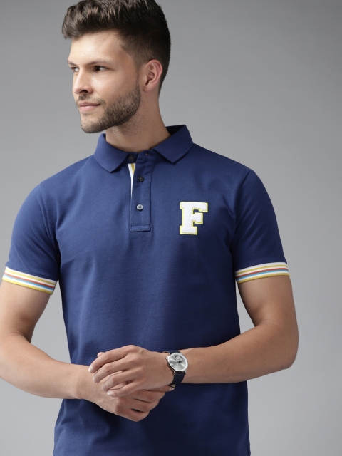 

French Connection Men Navy Blue Solid Applique Detail Pure Cotton Polo Collar Slim T-shirt