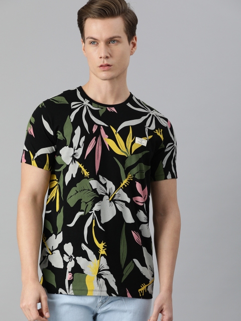 

French Connection Men Black Olive Green Floral Printed Slim Fit Pure Cotton T-shirt