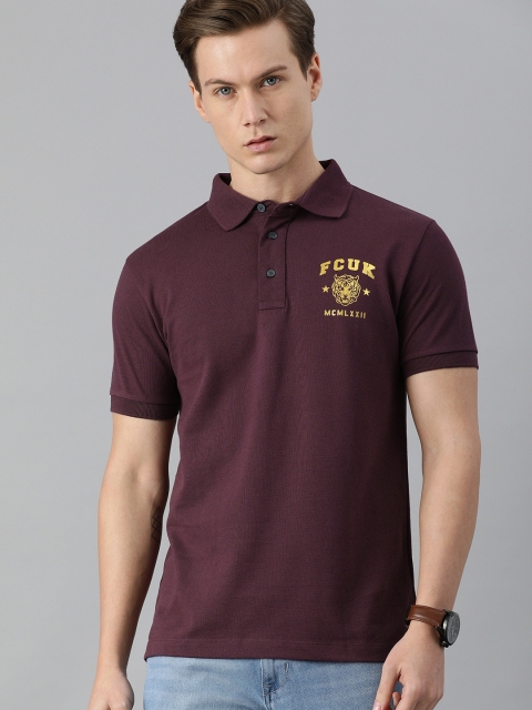 

French Connection Men Burgundy Printed Polo Collar Slim Fit Pure Cotton T-shirt