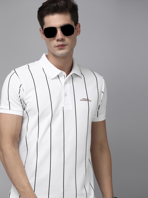 

French Connection Men White Black Striped Polo Collar Slim Fit Pure Cotton T-shirt
