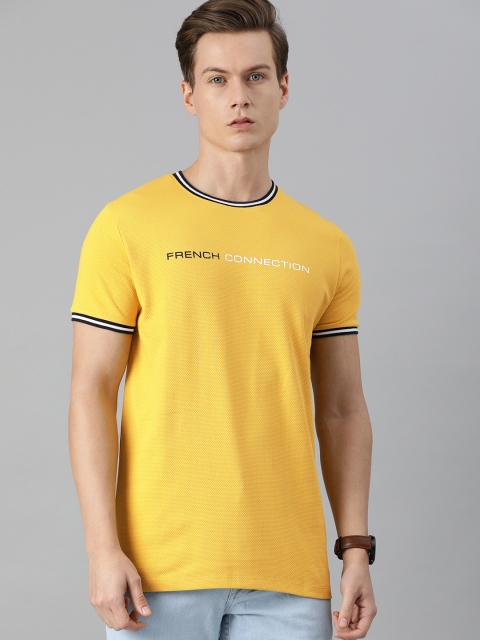 

French Connection Men Yellow Typography Printed Slim Fit T-shirt