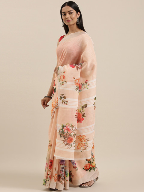 

cbazaar Peach-Coloured & Green Floral Saree