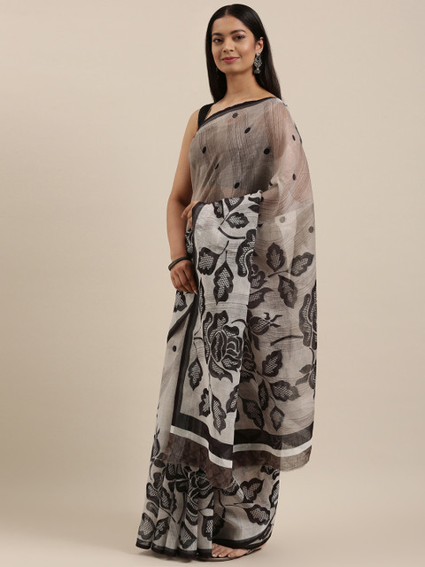 

cbazaar Black & Grey Linen Cotton Saree With Unstitched Blouse Piece