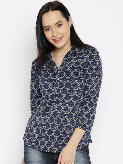

AND Women Navy Blue & Beige Printed Shirt Style Top