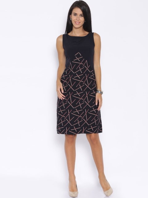 

Tokyo Talkies Women Navy Blue Printed Sheath dress