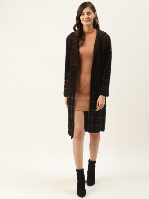 

Madame Women Brown & Black Checked Longline Front-Open Sweater