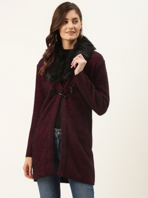 

Madame Women Burgundy Longline Cardigan with Faux Fur Detail