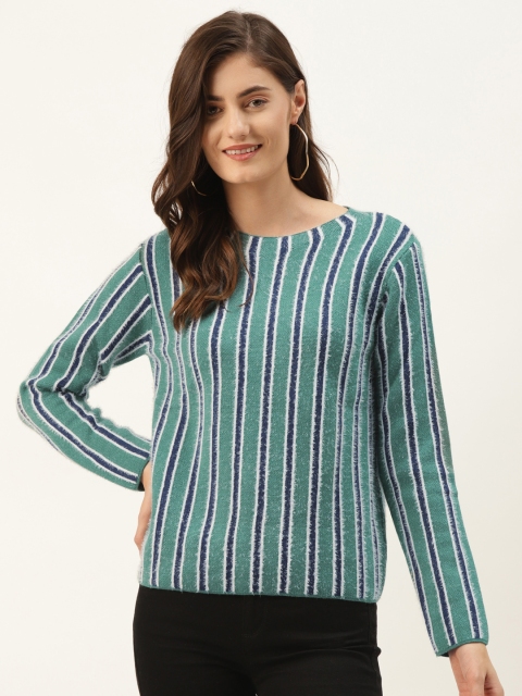 

Madame Women Green & Navy Blue Striped Pullover with Fuzzy Detail