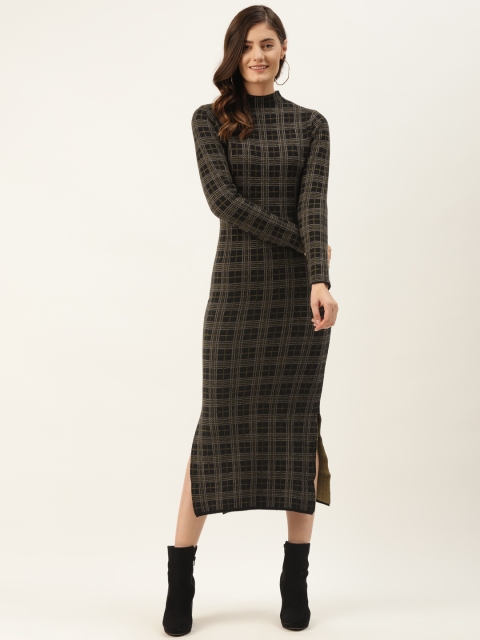 

Madame Black & Olive Green Checked Sweater Dress