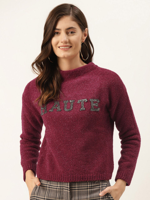 

Madame Women Burgundy Typography Embellished Pullover