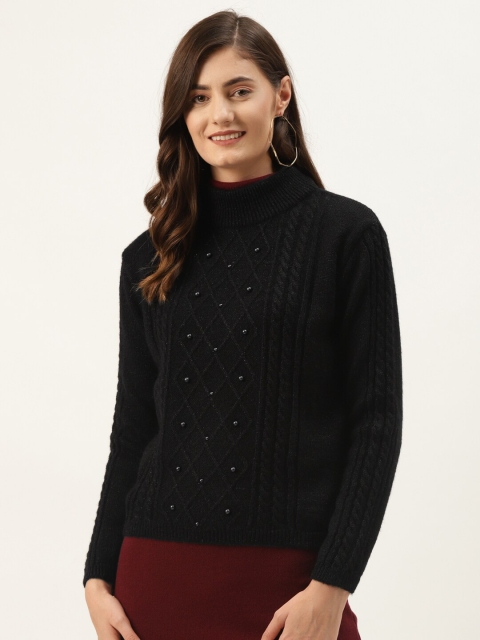 

Madame Women Black Woven Design Beaded Pullover