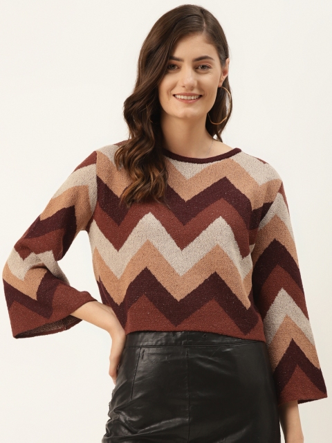 

Madame Women Brown & Beige Chevron Patterned Pullover