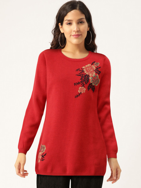 

Madame Women Red & Black Floral Self-Design Longline Pullover