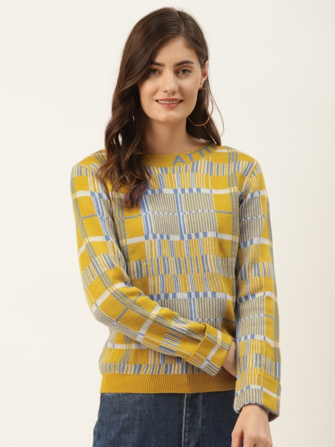 

Madame Women Mustard Yellow & Blue Checked Pullover