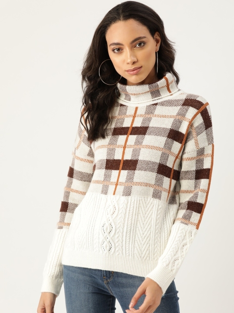 

Madame Women White & Brown Checked Pullover