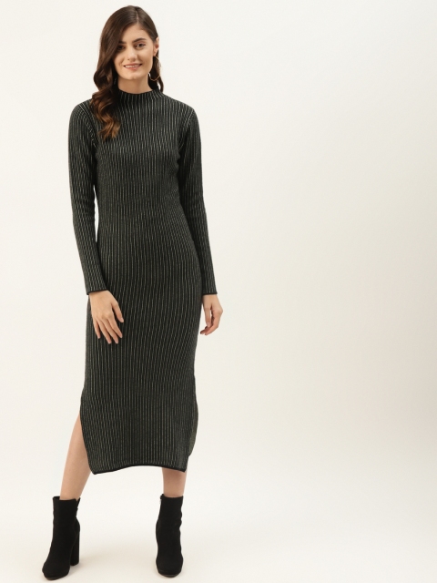 

Madame Olive Green & Off White Striped Sweater Midi Dress