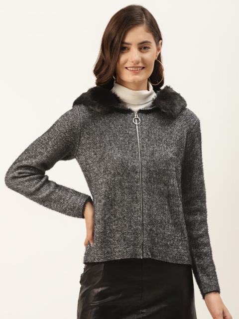 

Madame Women Charcoal Grey Self Design Cardigan with Faux Fur Hood