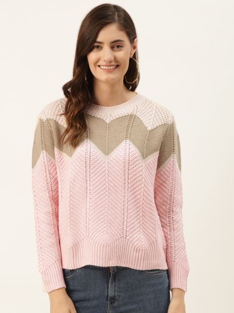 

Madame Women Pink & Beige Chevron Patterned Pullover