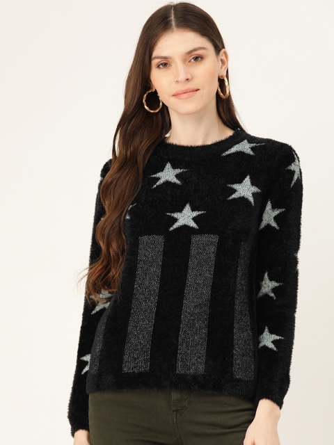 

Madame Women Black & White Star Print Fuzzy Pullover