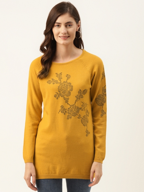 

Madame Women Mustard Yellow & Black Floral Patterned Longline Pullover