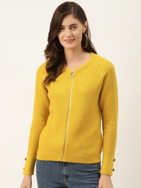

Madame Women Mustard Yellow Woven Design Cardigan