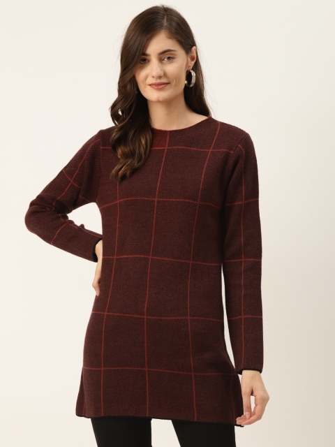 

Madame Women Maroon Checked Longline Pullover
