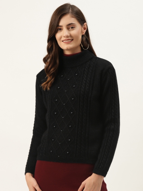 

Madame Women Black Woven Design Beaded Pullover
