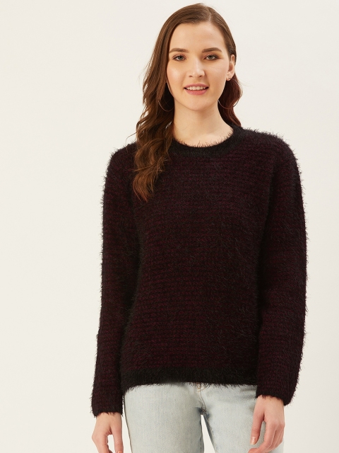 

Madame Women Burgundy & Black Striped Fuzzy Sweater