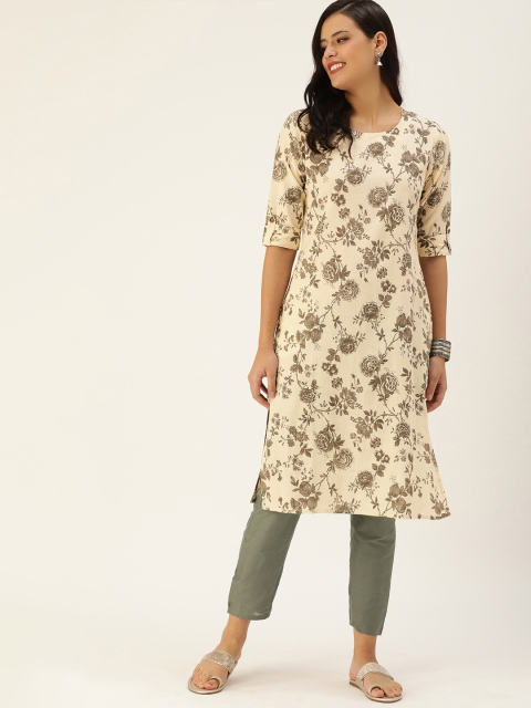 

AMUKTI Women Beige & Grey Floral Printed Cotton-Linen Kurta