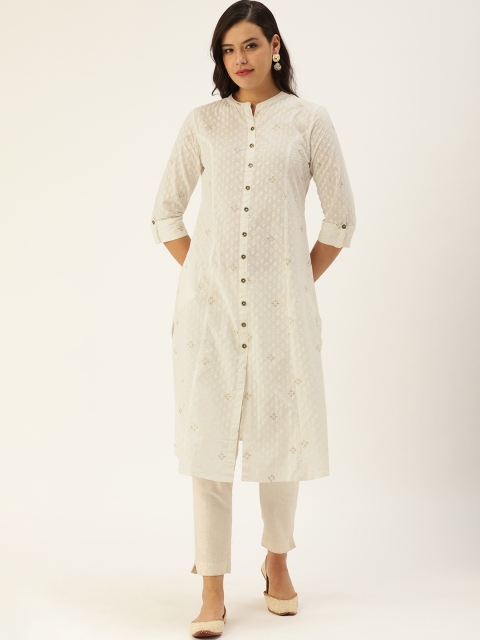 

AMUKTI Cream-Coloured Ethnic Motifs Rogan Printed Pathani Kurta