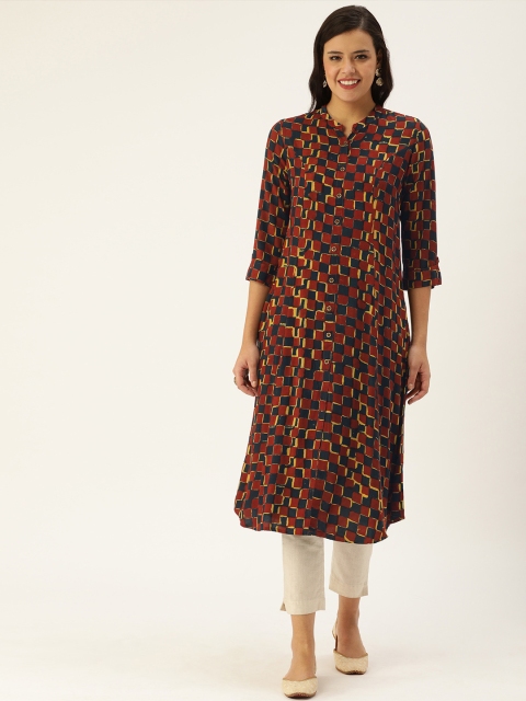 

AMUKTI Navy Blue and Brown Geometric Printed Kurta