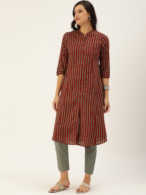 

AMUKTI Women Maroon & Navy Blue Striped Kurta