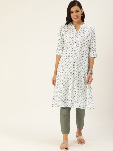 

AMUKTI Women White & Blue Geometric Printed Kurta