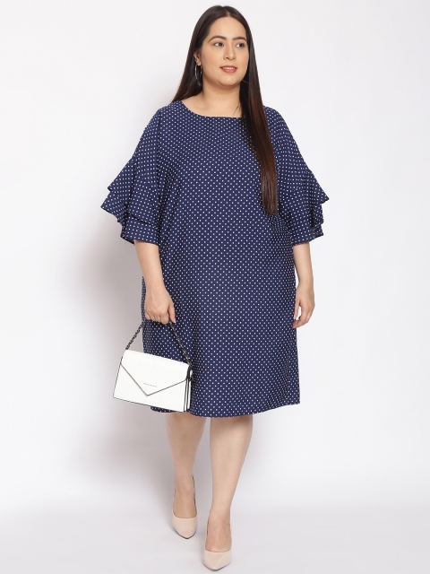 

Oxolloxo Women Navy Blue Plus Size Polka Dot Layered Sleeve Satin Dress