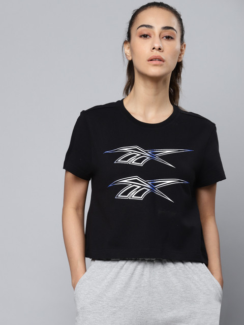 

Reebok Classic Women Black & White Graphic Brand Logo Print Crop T-shirt