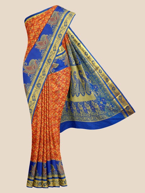 

Kalamandir Orange & Blue Ethnic Motifs Zari Silk Blend Kanjeevaram Saree