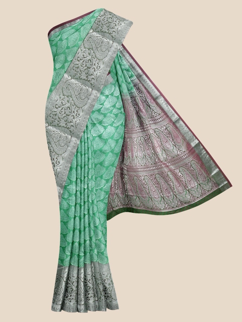

Kalamandir Green & Silver-Toned Ethnic Motifs Silk Blend Kanjeevaram Saree