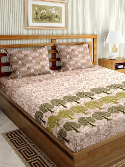 

BELLA CASA Beige & Green Floral 144 TC King Bedsheet with 2 Pillow Covers