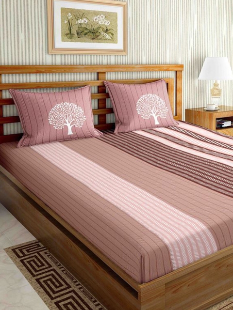 

BELLA CASA Pink & Brown Striped 160 TC King Bedsheet with 2 Pillow Covers
