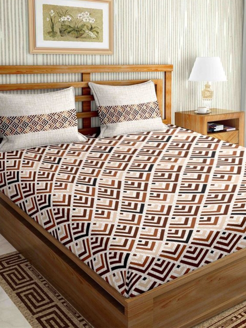 

BELLA CASA Brown & White Geometric 160 TC Cotton King Bedsheet with 2 Pillow Covers