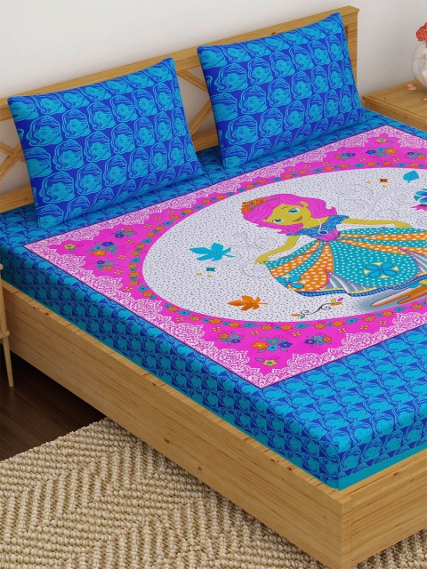 

METRO LIVING Blue & Pink Graphic 120 TC Queen Bedsheet with 2 Pillow Covers