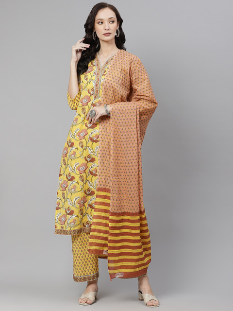 

Yuris Women Yellow & Peach-Coloured Floral Print Pure Cotton Kurta with Palazzos & Dupatta
