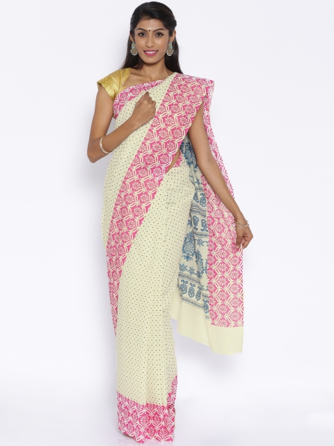 

Darpanas Fashions Cream-Coloured Cotton Printed Kasavu Traditional Saree
