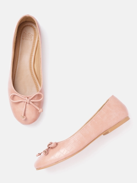 

her by invictus Women Peach-Coloured Croc Textured Ballerinas with Bow Detail