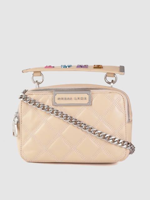 

GUESS Beige Quilted Structured Handheld Bag with Detachable Sling Strap