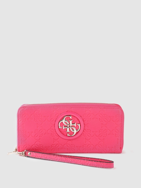 

GUESS Women Fuchsia Pink Brand Logo Textured Zip Around Wallet