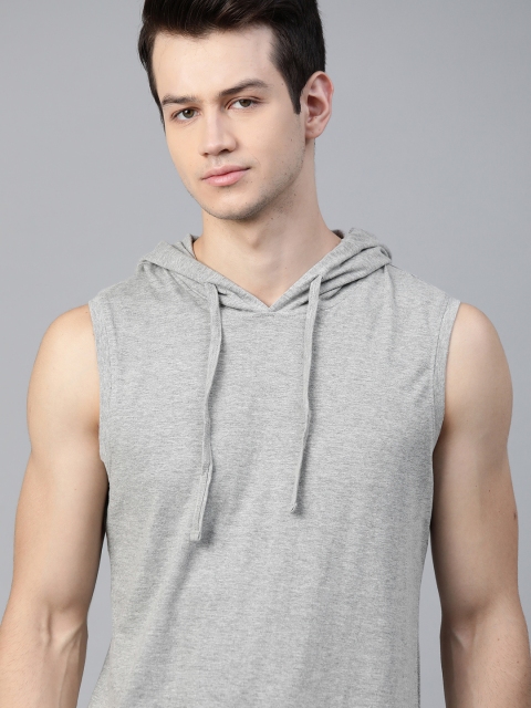 

Roadster Men Grey Melange Solid Hooded Cotton T-shirt