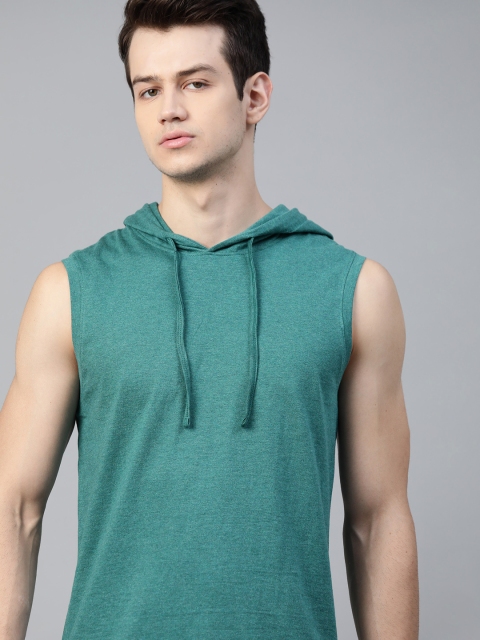 

Roadster Men Teal Green Solid Melange Effect Cotton Hooded T-shirt
