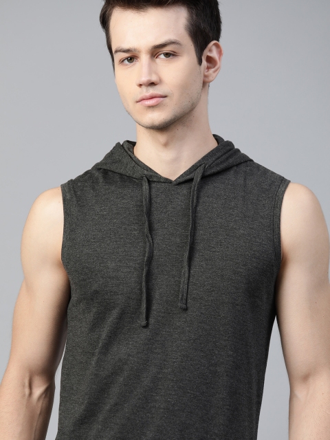 

Roadster Men Charcoal Grey Solid Melange Effect Cotton Hooded T-shirt